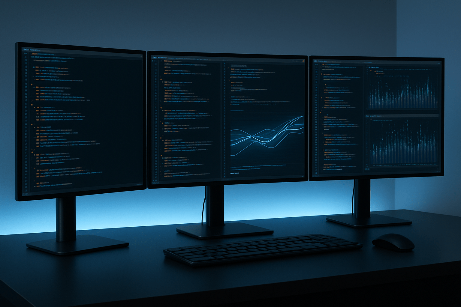 A powerful, multi-monitor Linux workstation displaying code and graphics.