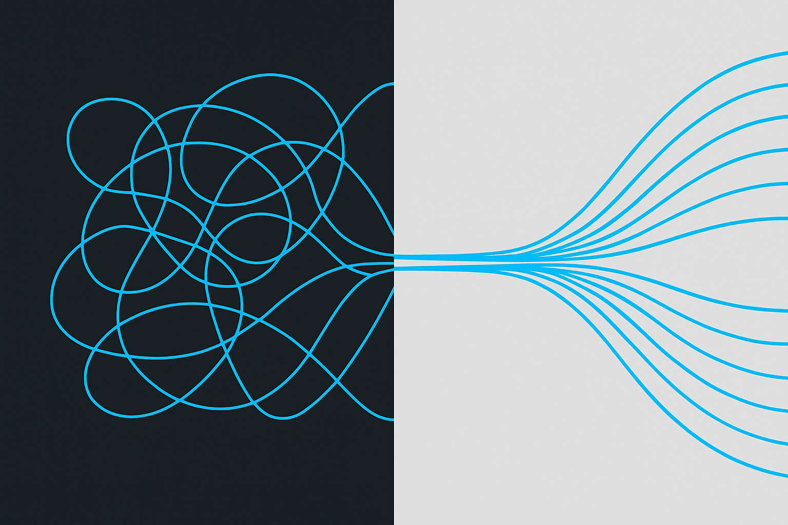 An abstract visualization showing tangled, chaotic lines becoming smooth and streamlined, representing performance optimization.