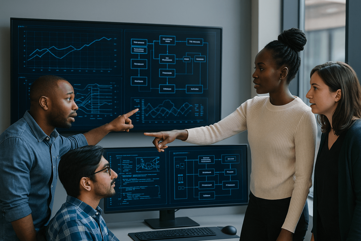 A team of professionals analyzing performance graphs on a large screen.